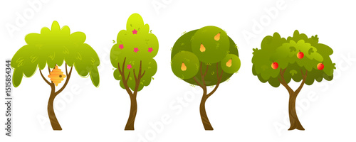 Set of cute cartoon fruit and flowering trees with apple, pear, beehive and flowers. Colorful summer forest elements for kids book, game design, sticker or educational materials. Vector illustration