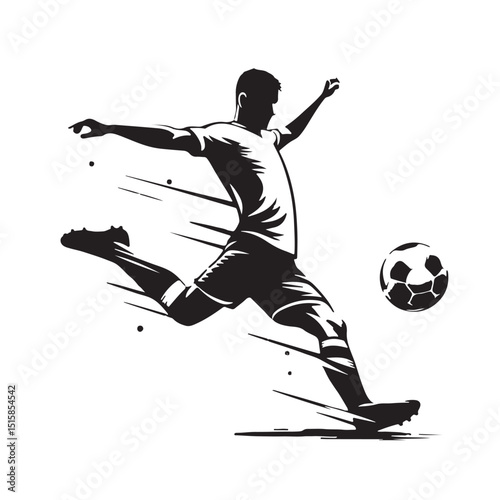 Dynamic Soccer Player Kicking Ball Action Silhouette Vector Illustration