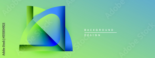 Abstract geometric shapes overlap, creating vibrant color gradients. Background features smooth transitions from green to blue hues. Minimalist design.