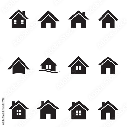 Set of various black and white house icons illustrating real estate concepts