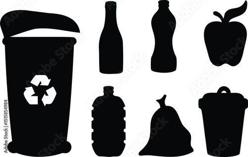 Recycling Bin and Waste Items Silhouette Vector – Eco-Friendly Icons of Trash, Bottles, Apple Core, and Garbage Bag for Environmental Graphics and Waste Management Illustrations