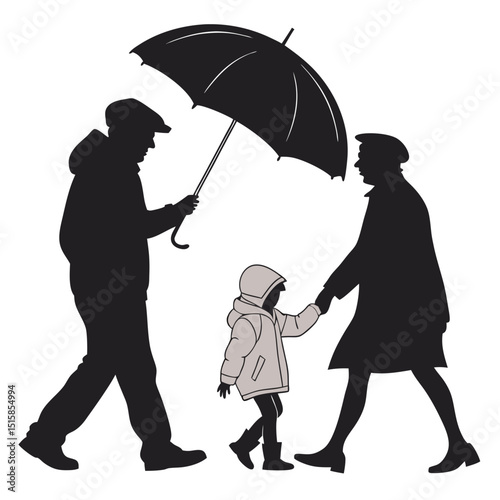 grandparents walking with granddaughter vector silhouette Illustration