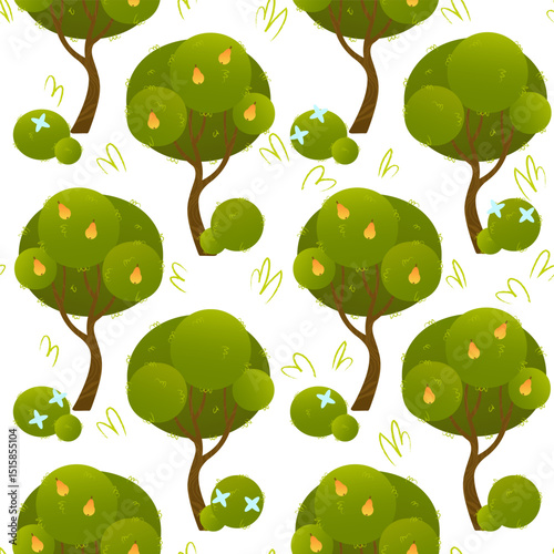 Seamless pattern with pear tree and bushes with blue flowers on white background. Cute fall design for kids, packaging, textile, eco products and seasonal decorations. Vector illustration