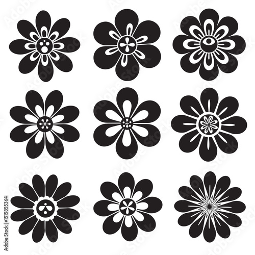 Collection of black and white stylized floral designs decorative flower petal blossom spring summer nature botanical illustration elements