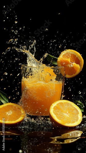 A refreshing splash of orange juice is captured in this vibrant photo. The juiciness and energy of oranges stand out. Perfect for food and beverage themes. Generative AI