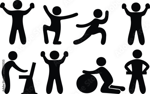 Fitness and Exercise Stick Figures Silhouette Vector – Workout Icon Set Featuring Gym Activities, Yoga Poses, Cardio, Strength Training, and Desk Exercises for Health and Wellness Graphics