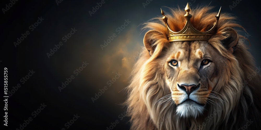 Fototapeta premium Regal lion with golden crown on a dark mysterious background, royal symbol, black background