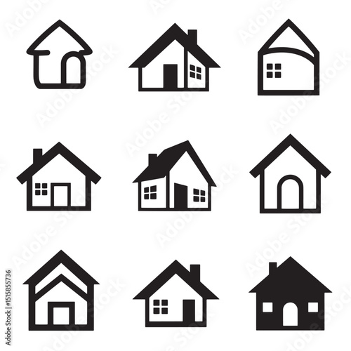Collection of minimalist black and white house icons representing home real estate architecture concepts
