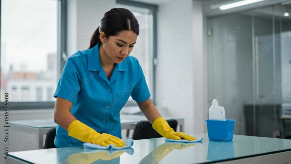 Woman janitor in yellow gloves cleans a glass table in an office. Woman janitor in yellow gloves cleans a glass table in an office.