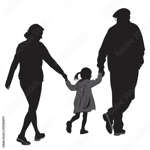 grandparents walking with granddaughter vector silhouette Illustration