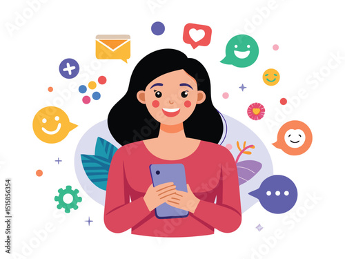 Happy woman using smartphone social media isolated on white background
