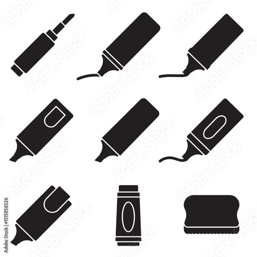 Silhouette illustrations of various marker pens and an eraser on a white background