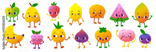 Old cartoon fruit characters set. Cute fruits collection. Adorable baby fruits bundle.