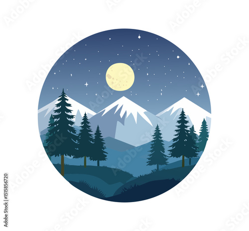 round landscape icon in geometric triangular low polygon style. Mountain peaks on the moonlight with stars and meteor shower