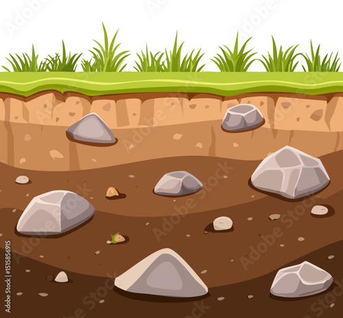 Cartoon illustration of soil layers with grass growing on top, roots visible underground, and stones at the bottom, representing a healthy ecosystem