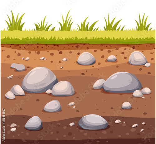 Cartoon illustration of soil layers with grass growing on top, roots visible underground, and stones at the bottom, representing a healthy ecosystem