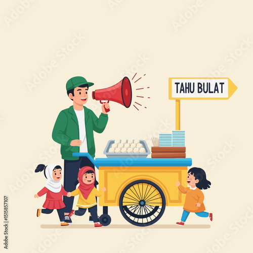 Man Selling Food From Cart with Megaphone and Children Running