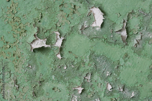 Fototapeta Naklejka Na Ścianę i Meble -  Green peeling paint on the wall. Old concrete wall with cracked flaking paint. Weathered rough painted surface with patterns of cracks and peeling. High resolution texture for background and design.