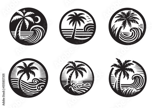 Circle palm tree with beach wave inside vintage surf silhouette Vector Set