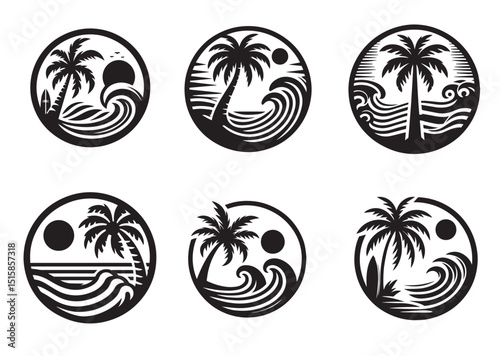 Circle palm tree with beach wave inside vintage surf silhouette Vector Set