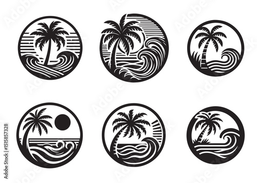 Circle palm tree with beach wave inside vintage surf silhouette Vector Set
