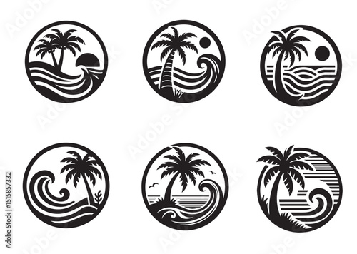 Circle palm tree with beach wave inside vintage surf silhouette Vector Set