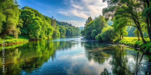 A smooth river flowing through a serene landscape with lush greenery and towering trees on its banks