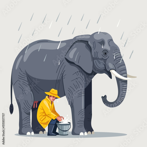 Cartoon Image of Man Milking Elephant in Rain for Milk