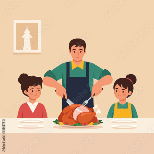 Family Carving Roast Turkey for Festive Meal Celebration Together