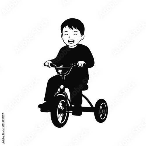 Happy child riding tricycle black and white vector illustration kids transportation fun outdoor activity