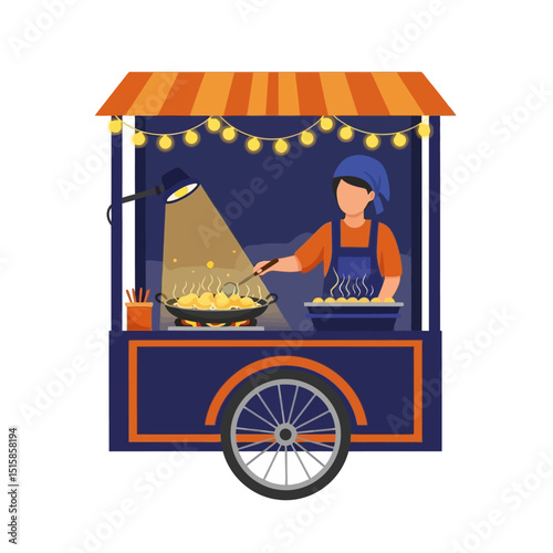 Cooking Food on Street Cart with Lights at Night Illustration