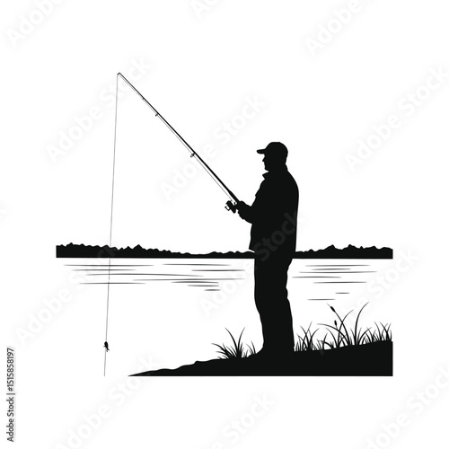 Silhouette of a Fisherman on a Lake Enjoying a Peaceful Day of Fishing