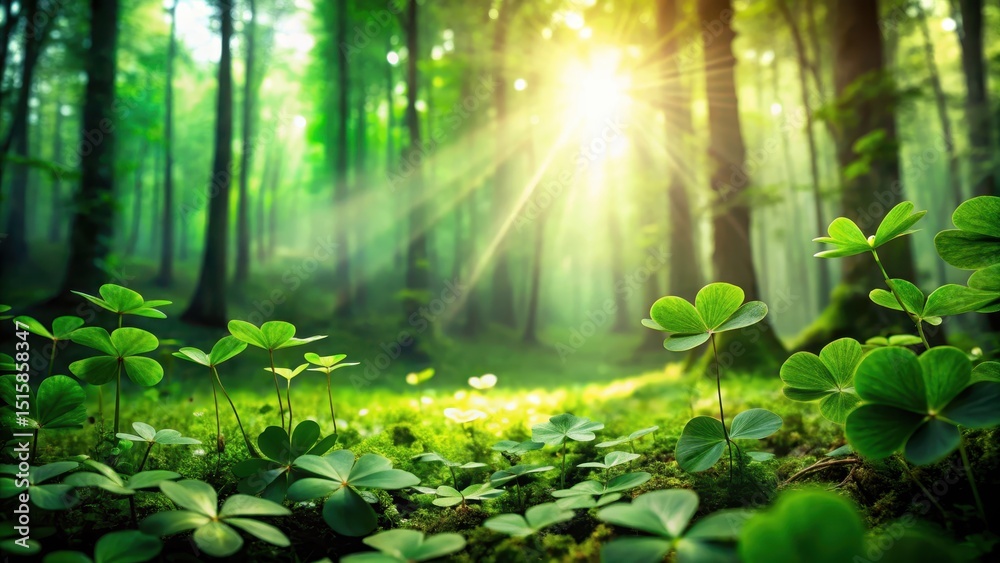Obraz premium Emerald Forest Landscape with Green Clovers, spring, flora, spring, flora, wildflowers , landscape
