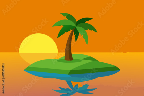 Serene Sunset Island Palm Tree Paradise at Golden Hour