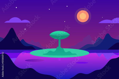 Surreal Night Landscape Dreamlike Island with Glowing Flora Under a Starlit Sky