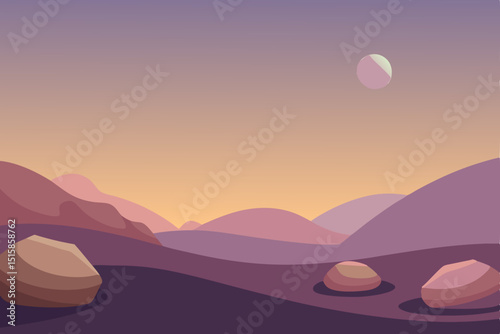 Alien Planet Landscape Serene Sunset with Mysterious Rocks and Celestial Body