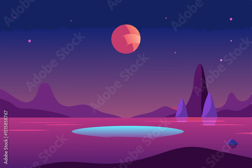 Alien Planet Nightscape Purple Lake, Red Moon, and Silhouetted Mountains