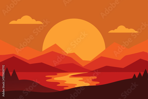 Sunset Mountain Lake Landscape Serene Orange Hues and Silhouette Mountains