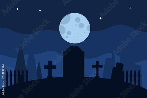 Spooky Night Cemetery  Silhouette Illustration of Graveyard under Full Moon
