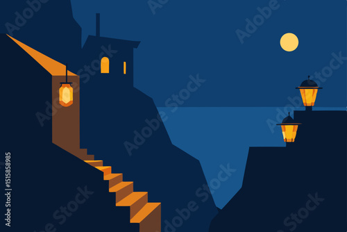 Enchanted Night Coastal Village at Dusk, Illuminated Steps and Moonlit Sea