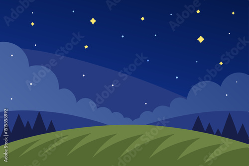 Serene Night Starry Sky over Rolling Hills and Green Fields