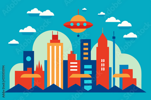 Futuristic Cityscape UFO Over Modern Metropolis Illustration