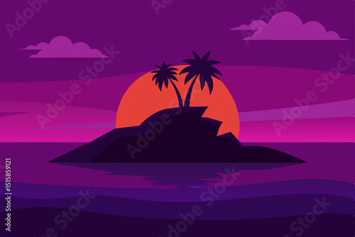 Sunset Silhouette Tropical Island Escape -  Peaceful Ocean View at Dusk