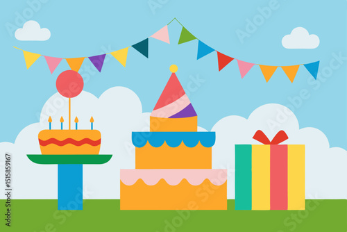 Joyful Birthday Celebration Cake, Presents, and Festive Decorations