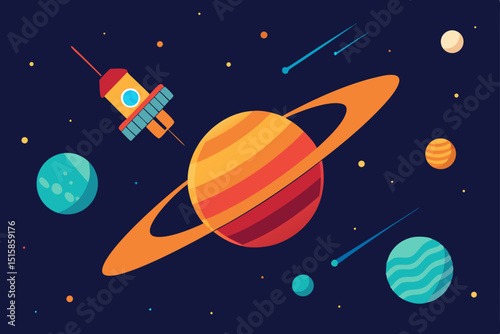 Cosmic Exploration A Vibrant Illustration of Spacecraft Orbiting a Ringed Planet