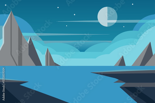 Serene Night Landscape Mountains, Moon, and Tranquil Waters