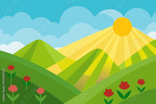 Sunny Mountain Landscape Serene Hills, Blooming Flowers, and a Bright Day