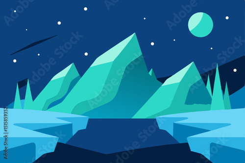 Night Mountainscape Serene Blue and Green Mountain Range Illustration