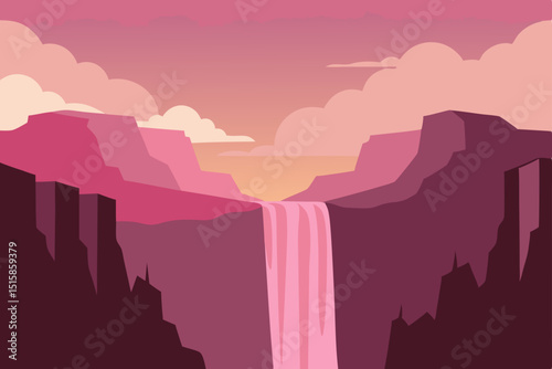Majestic Pink Sunset Waterfall Landscape Serene Nature Illustration