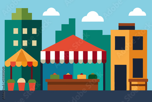 Vibrant City Market Scene Illustration of Urban Food Stalls and Shops